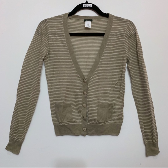 J.Crew Tan Striped V-Neck Cotton Linen Cardigan, Women’s Size XS - Picture 1 of 5